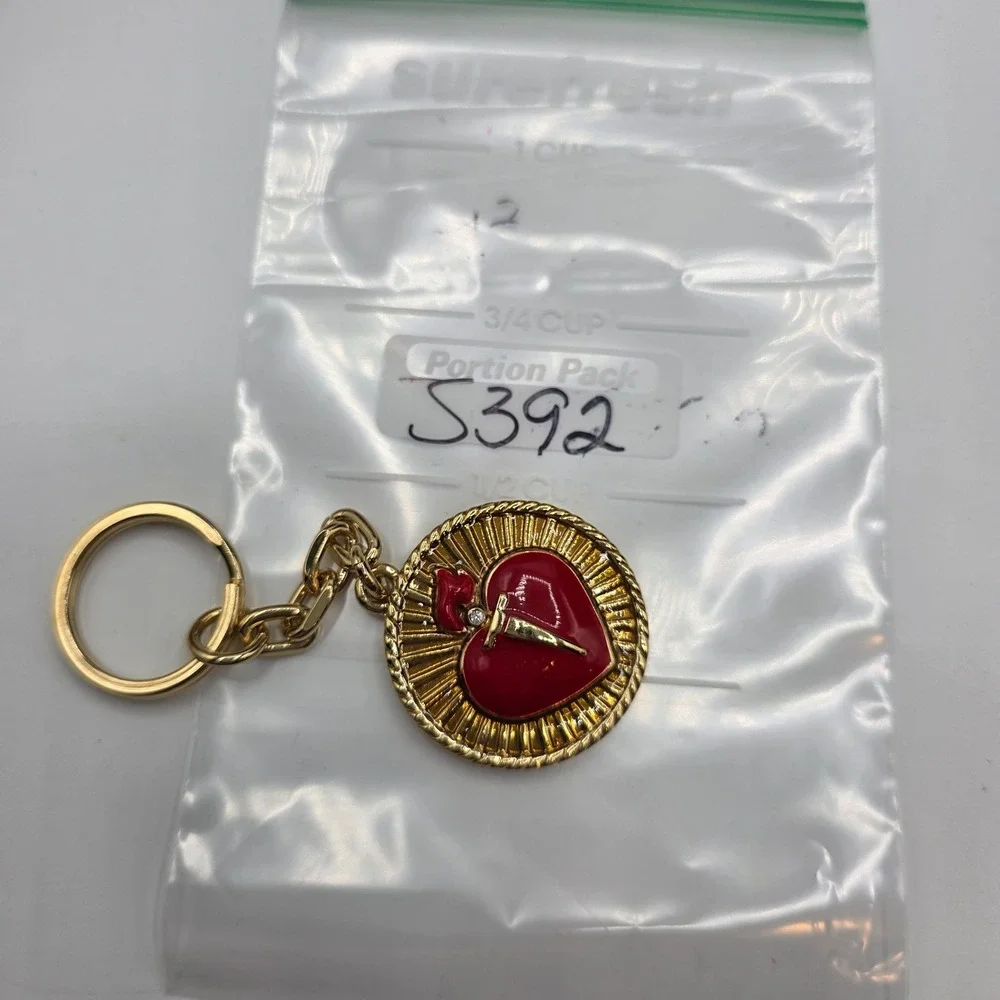 St. John Sacred Heart Gold Tone Red Enamel‎ Keychain Fob Bag Charm Designer